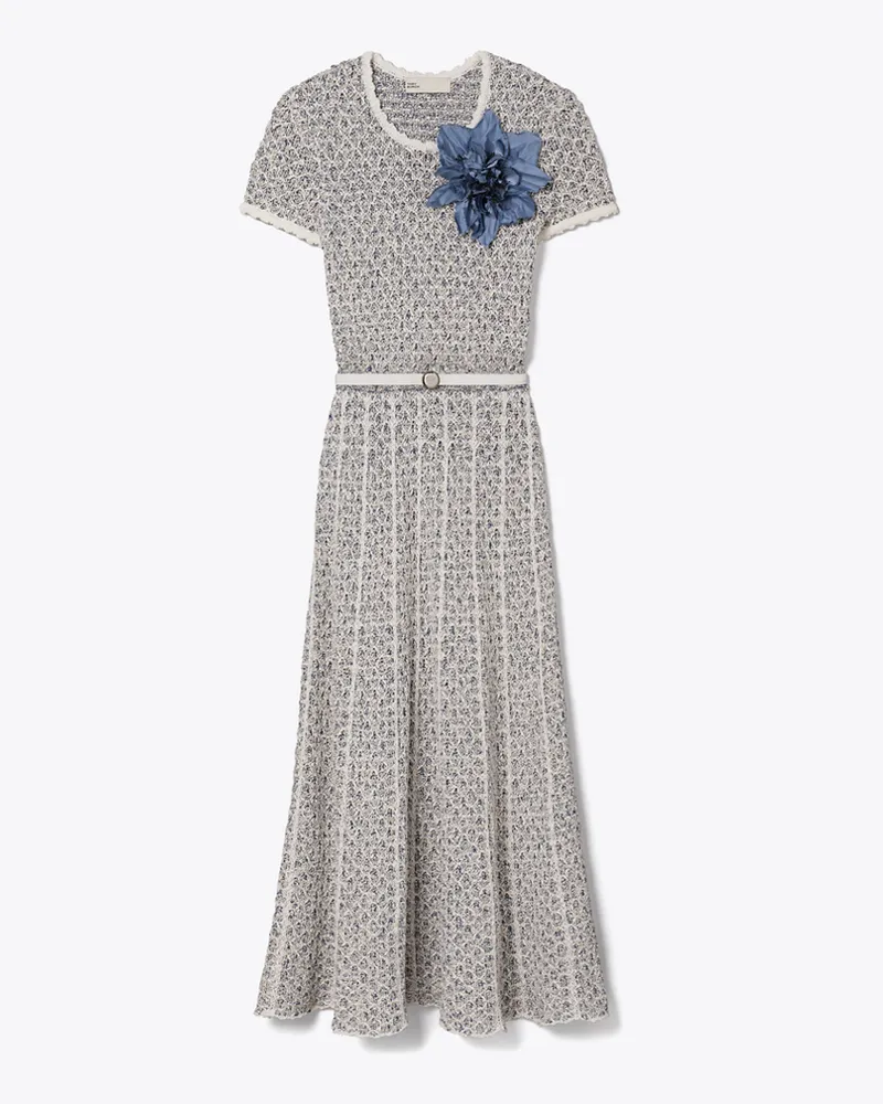 Tory Burch Damen Strickkleid mit Blumenapplikation Blue