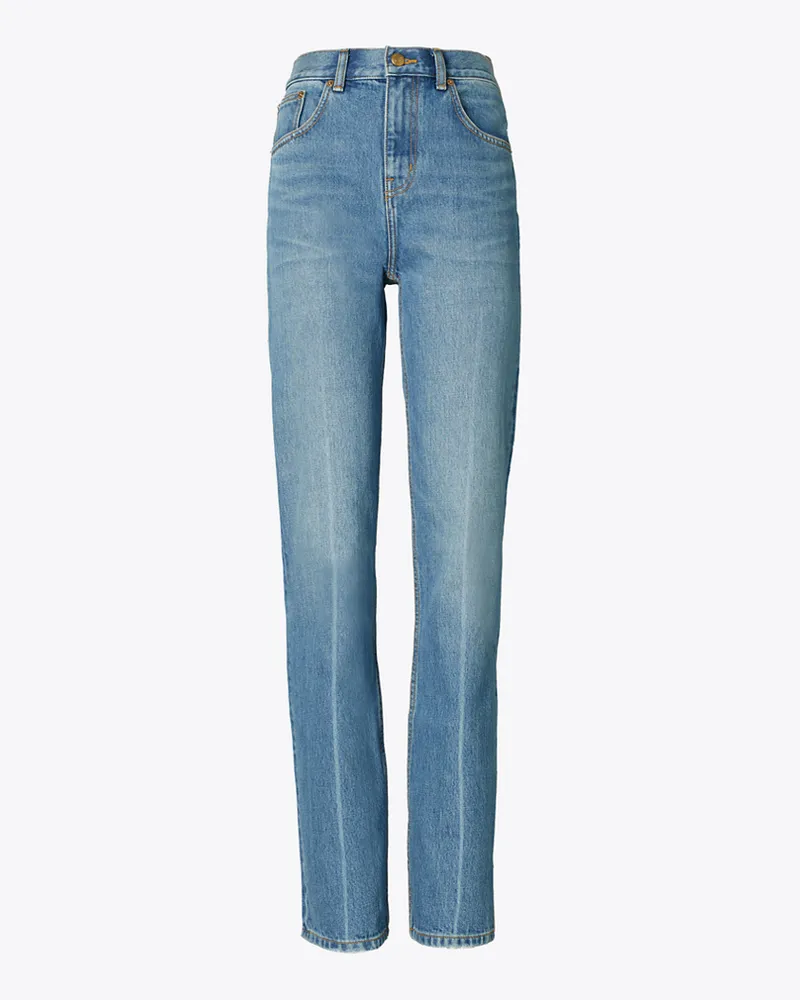 Tory Burch Damen Gerade Jeans mit mittelhohem Bund und schmalem Schnitt in Blau Light