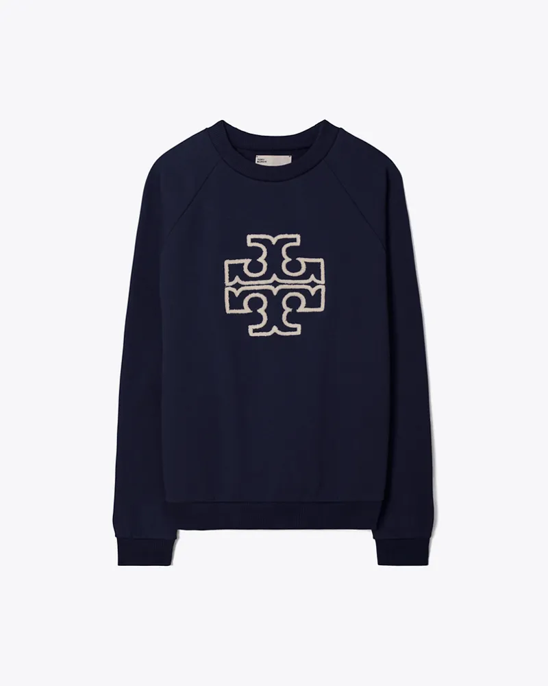 Tory Burch Damen Rundhalstop aus Merinofrottee mit Raglanärmeln und Logo in Blau Tory