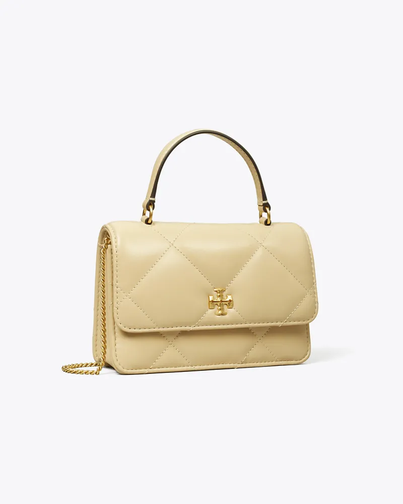 Tory Burch Damen Kira Mini-Geldbörse mit Rautensteppung, Tragegriff oben und Kette Vanilla