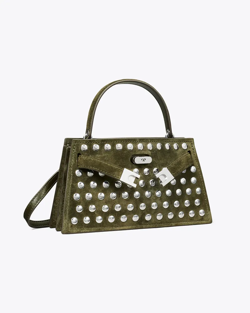 Tory Burch Damen Mini Lee Radziwill Tasche aus Wildleder mit Nieten und Tragegriff oben Dark