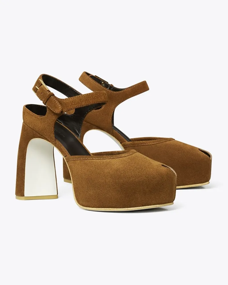 Tory Burch Damen Peeptoe-Sandale mit Plateausohle Cognac