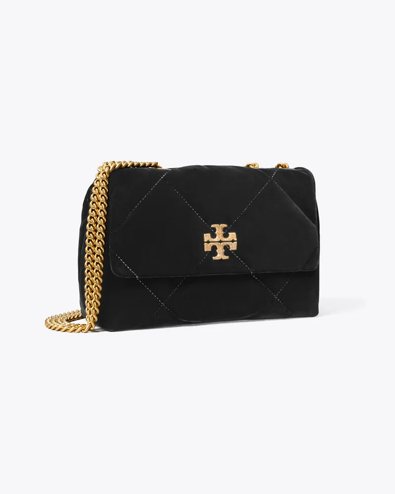 Tory Burch Damen Kleine Kira Schultertasche aus Samt mit Rautensteppung und Pavé Black