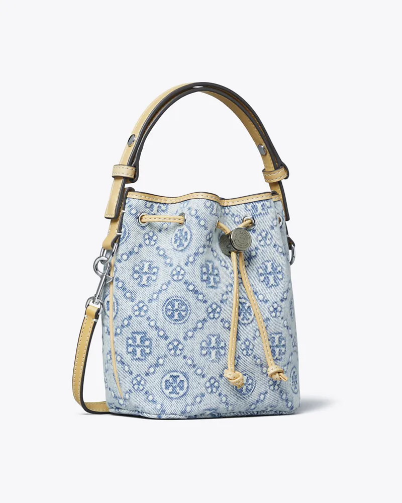 Tory Burch Damen Bucket Bag aus Denim mit T-Monogramm Powder