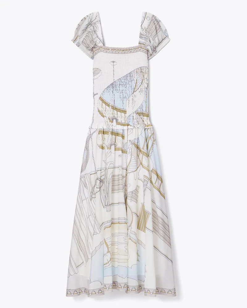 Tory Burch Damen Gesmoktes Kleid mit Print Neutral