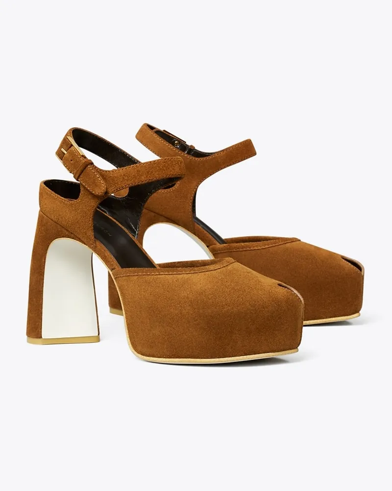 Tory Burch Damen Peeptoe-Sandale mit Plateausohle Caramel