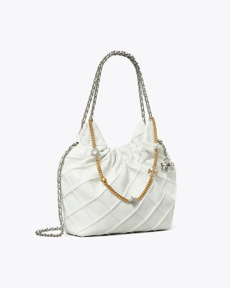 Tory Burch Damen Weiche Fleming Mini Bag in Used-Optik mit Tunnelzug Blanc