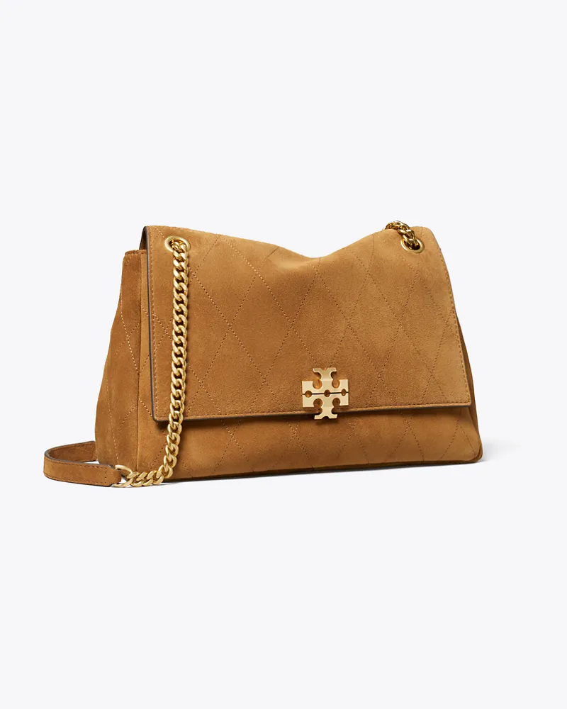 Tory Burch Große gesteppte Charlie Schultertasche aus Wildleder Caramel