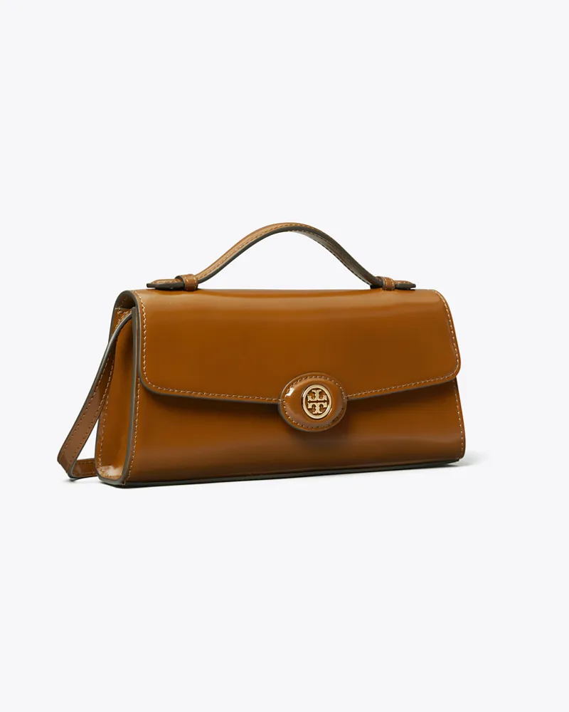 Tory Burch Damen Robinson Geldbörse aus Spazzolatoleder mit Tragegriff oben und Kette Dark