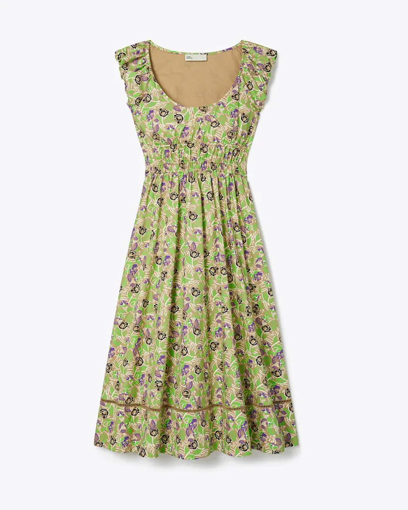 Tory Burch Damen Bedrucktes Kleid aus Baumwollpopeline Green