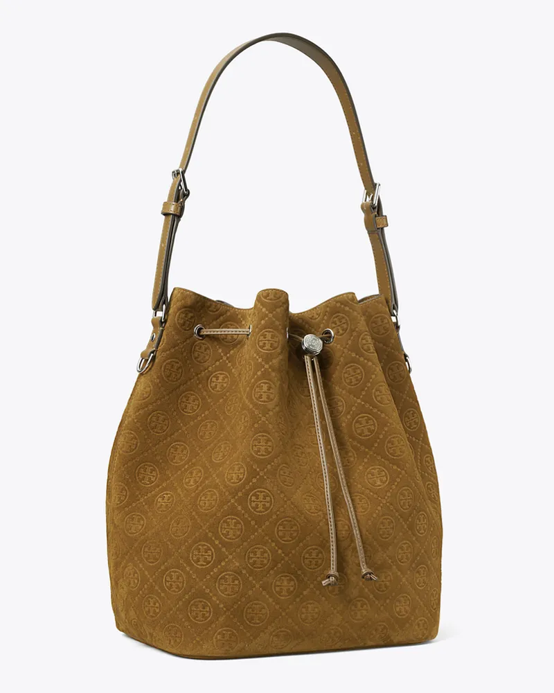 Tory Burch Damen Oversize Bucket Bag aus Wildleder mit T-Monogramm Chicory