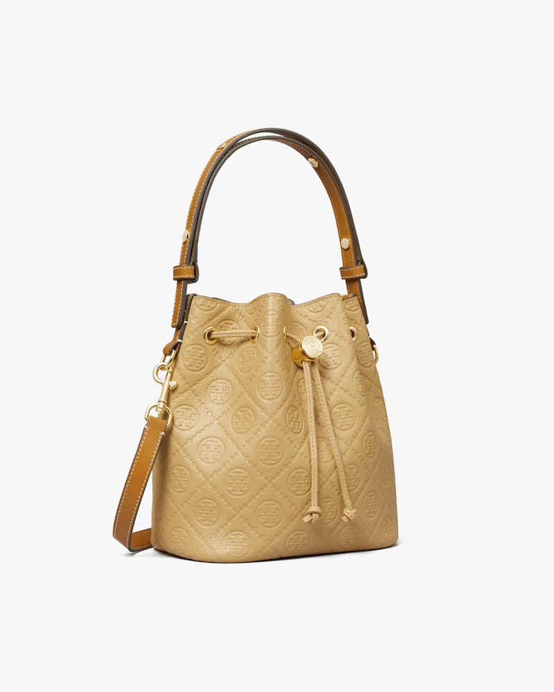 Tory Burch Damen Strukturierte Bucket Bag mit T-Monogramm Biscotti