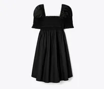 Damen Smocked Cotton Mini Dress in Schwarz
