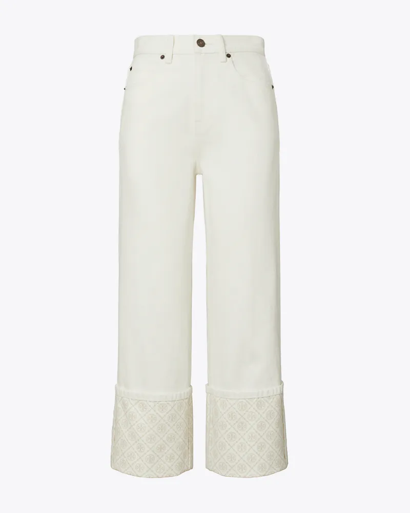 Tory Burch Damen T Monogram Contrast Cuff Straight-Leg Jean White