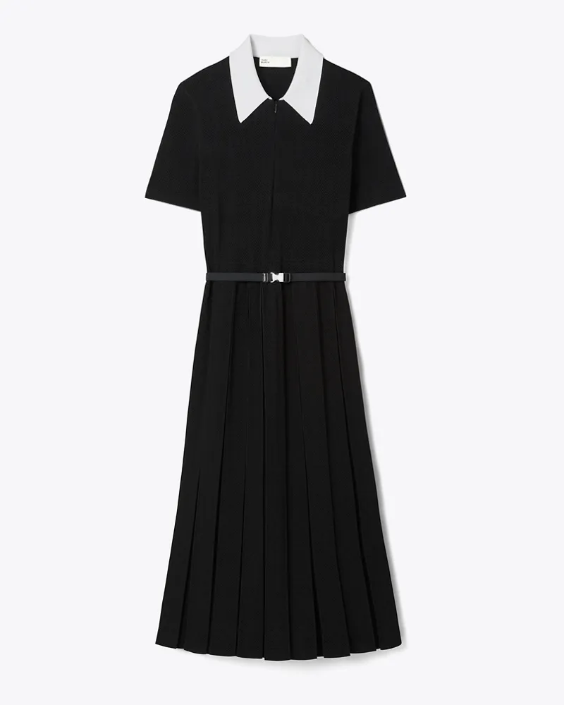 Tory Burch T Monogram Pointelle Pleated Dress White