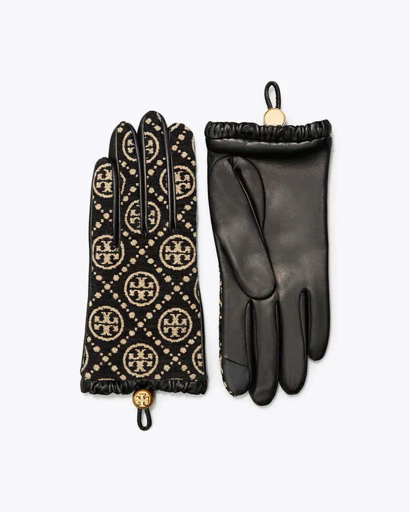 Tory Burch Damen Handschuhe aus Chenille mit T-Monogramm in Schwarz/Weiß Black