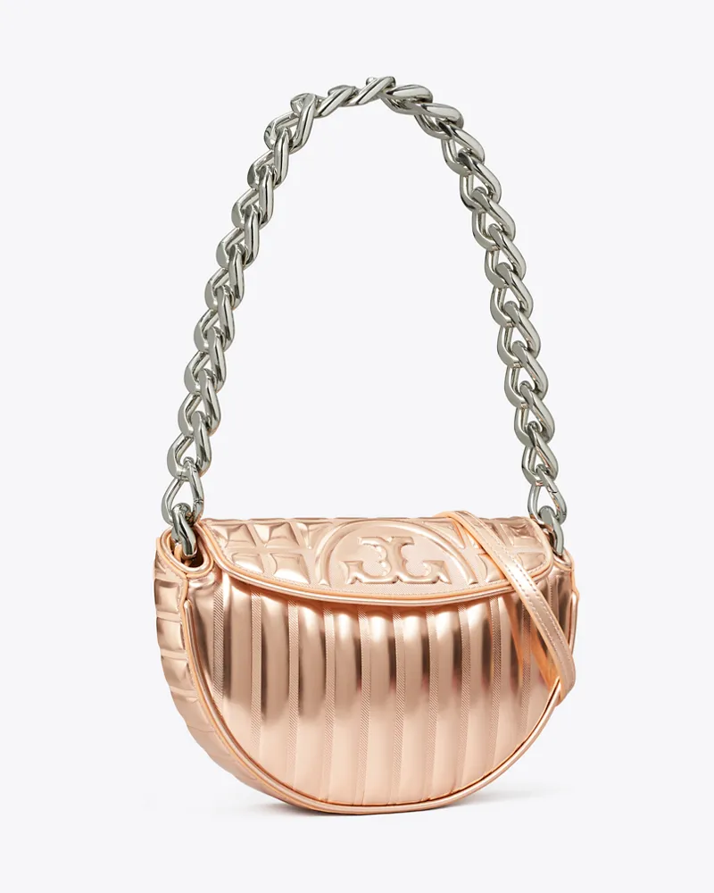 Tory Burch Damen Mini Fleming Soft Metallic Quilt Crescent Bag Rose