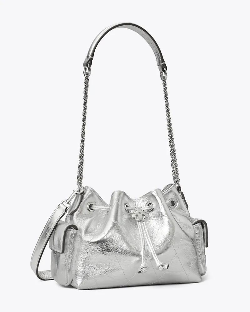 Tory Burch Gesteppte Charlie Mini-Schultertasche in Metallic mit Tunnelzug Silver