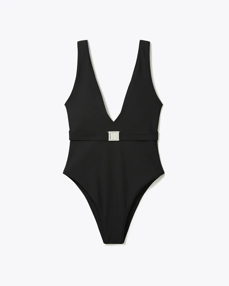 Tory Burch Damen Badeanzug mit Gürtel und Logo Black