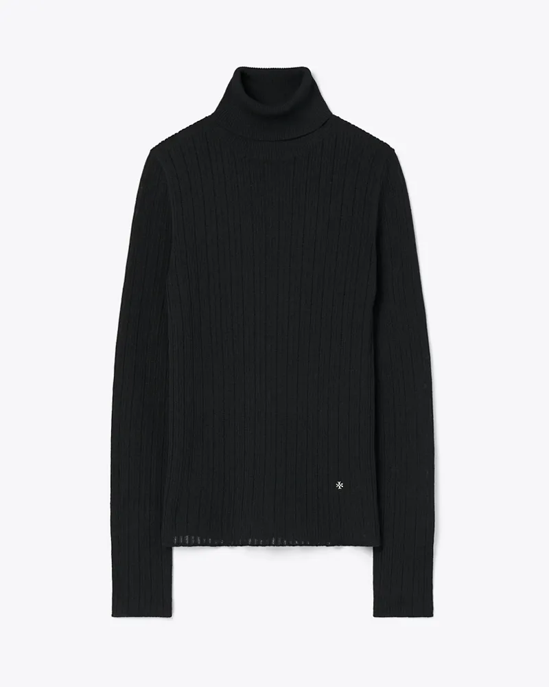 Tory Burch Rollkragenpullover aus geripptem Baumwollleinen Black