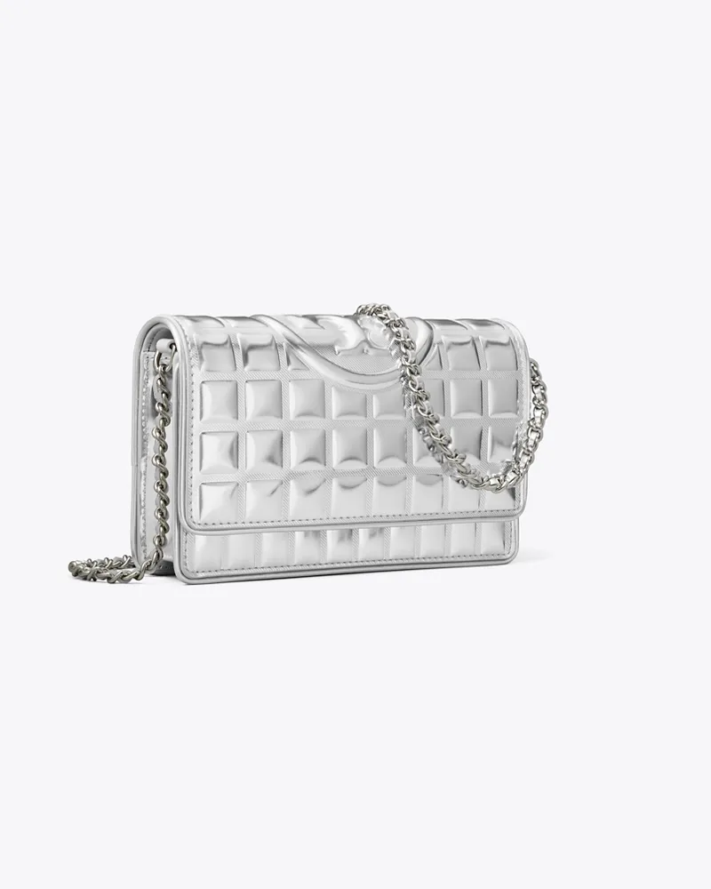 Tory Burch Damen Gesteppte Fleming Geldbörse in Metallic mit Kette Silver