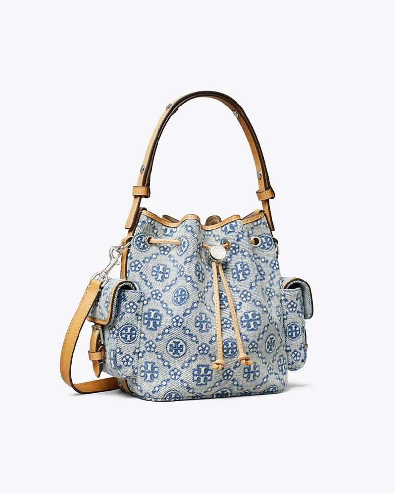 Tory Burch Damen Bucket Bag aus Denim mit T-Monogramm Powder