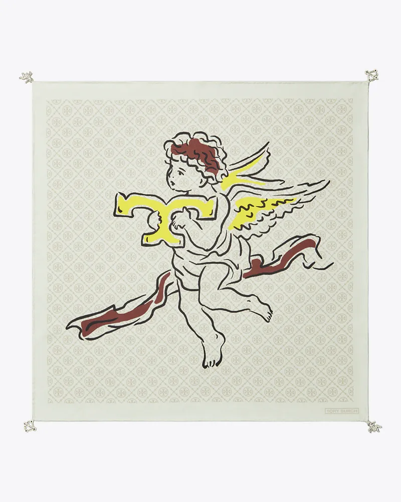 Tory Burch Damen Seidentaschentuch mit Engels-Print und T-Monogramm Beige