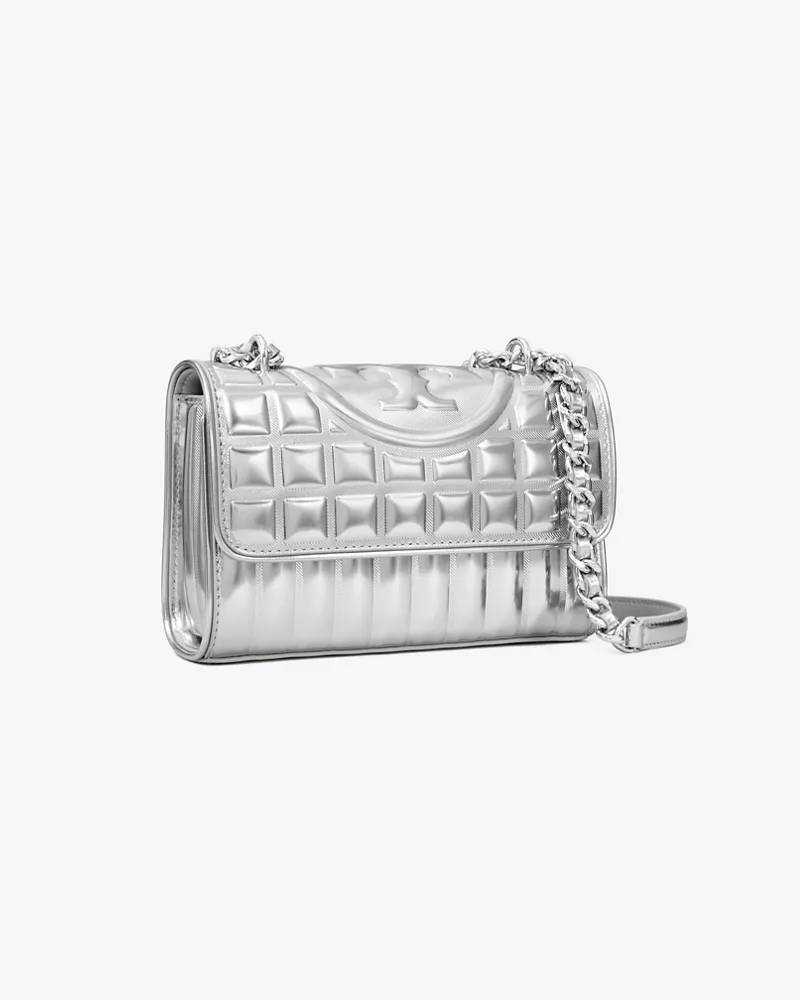 Tory Burch Damen Kleine, wandelbare, gesteppte Fleming Schultertasche in Metallic Silver