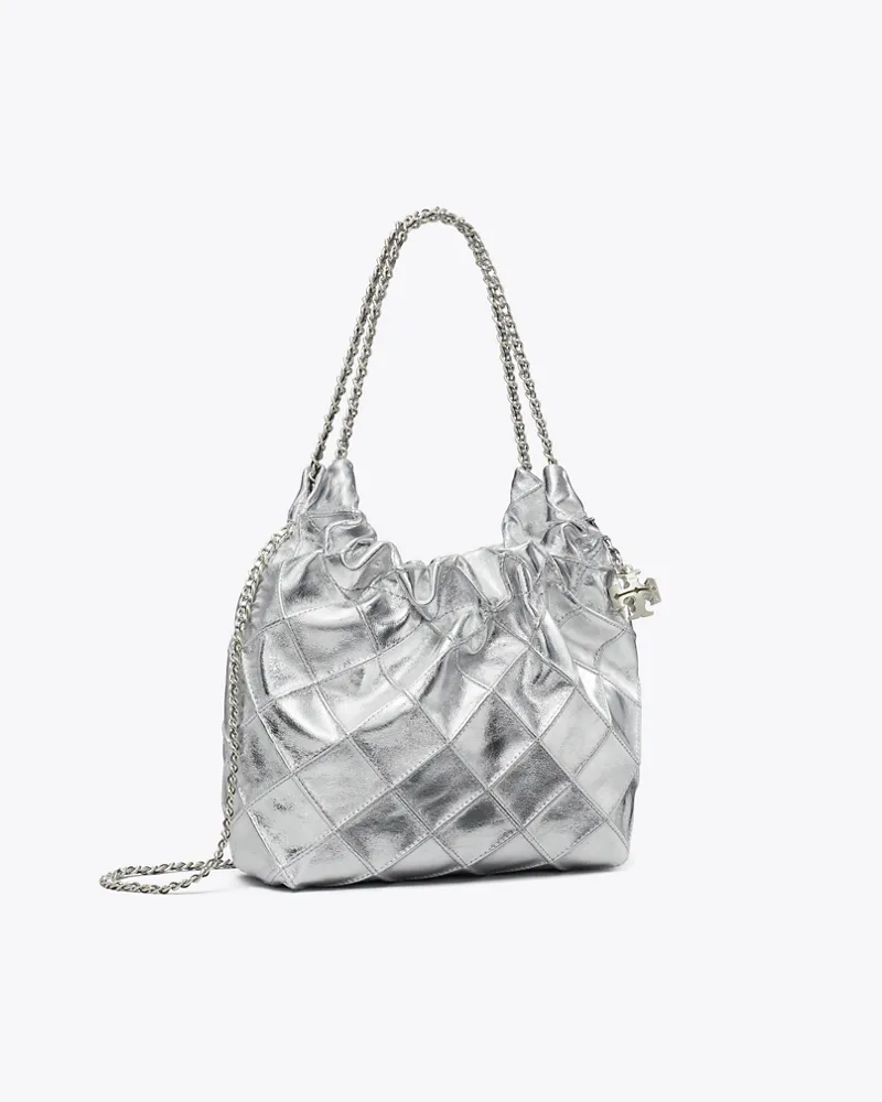 Tory Burch Damen Mini Fleming Metallic Hobo Bag Silver