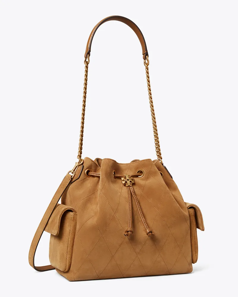 Tory Burch Damen Gesteppte Charlie Schultertasche aus Wildleder mit Tunnelzug Toffee