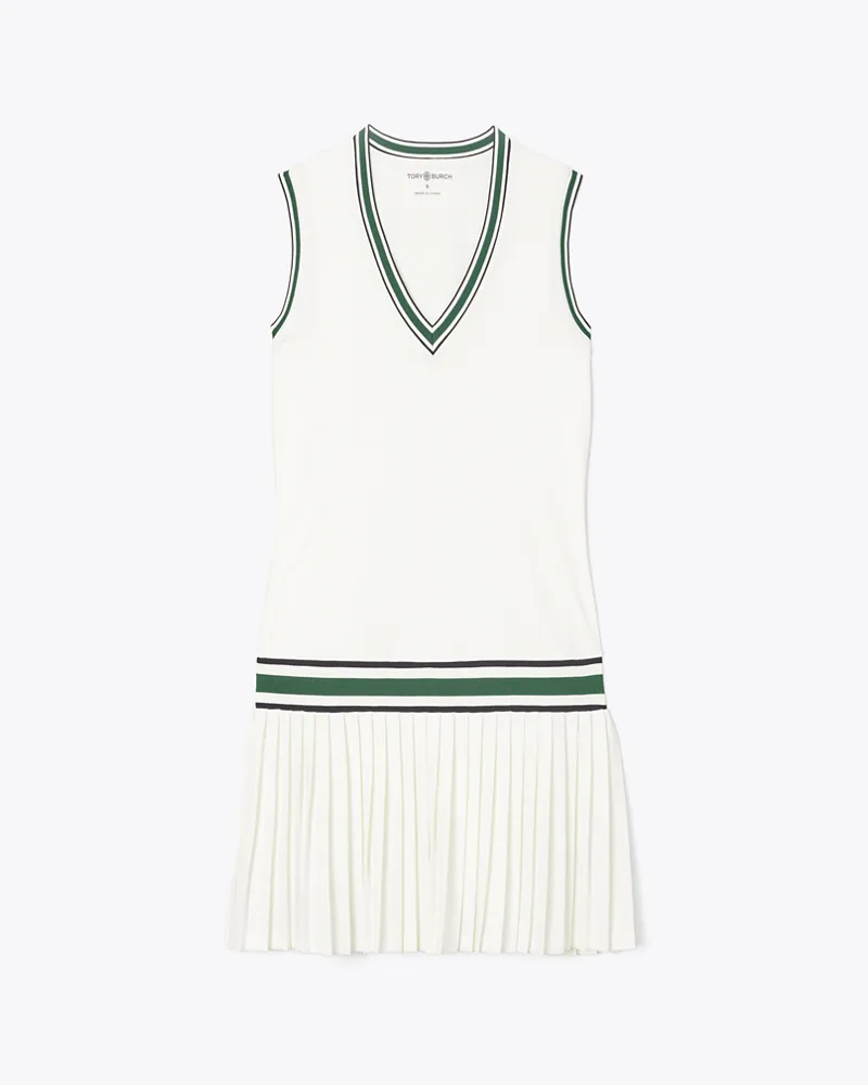 Tory Burch Damen Performance-Tenniskleid mit V-Ausschnitt in Weiß/Grün Snow