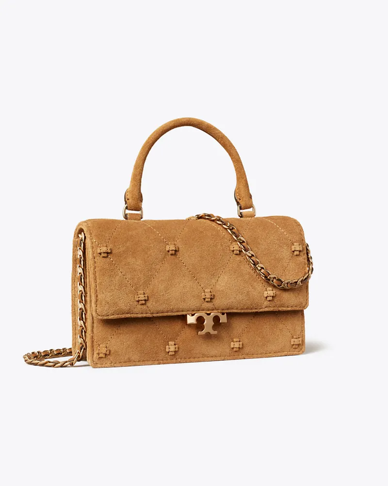 Tory Burch Bunny Knot Mini Bag aus Wildleder mit Tragegriff Toffee