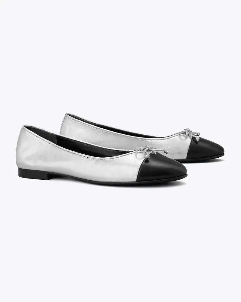 Tory Burch Damen Ballerina mit Zehenkappe in Silber/Schwarz Silver