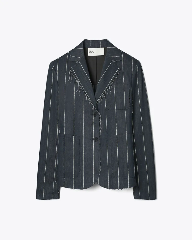 Tory Burch Damen Gestreifter Baumwollblazer Navy
