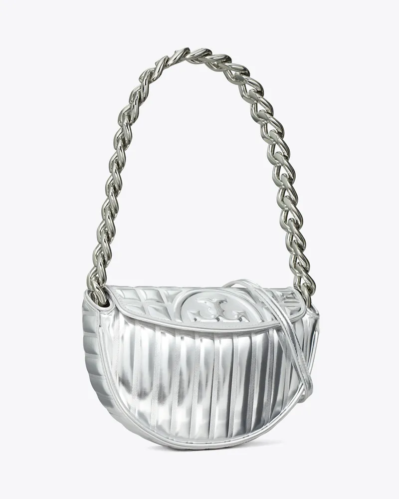 Tory Burch Damen Mini Fleming Soft Metallic Quilt Crescent Bag Silver