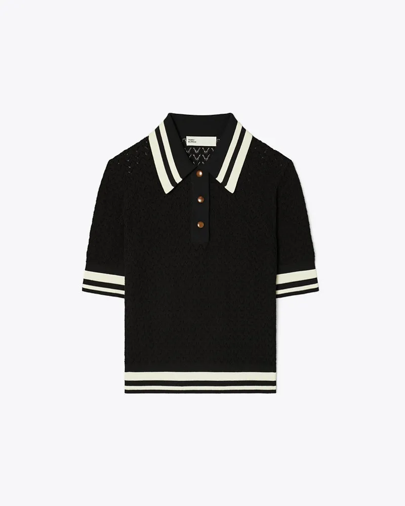 Tory Burch Cotton Pointelle Polo Black