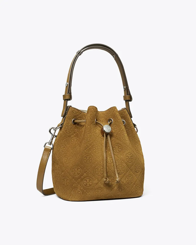 Tory Burch Damen Bucket Bag aus Wildleder mit T-Monogramm Chicory