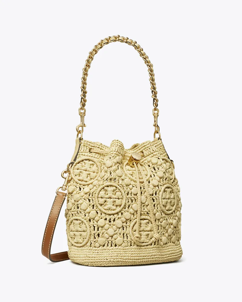 Tory Burch Damen Bucket Bag aus Raffiabast mit T-Monogramm Natural