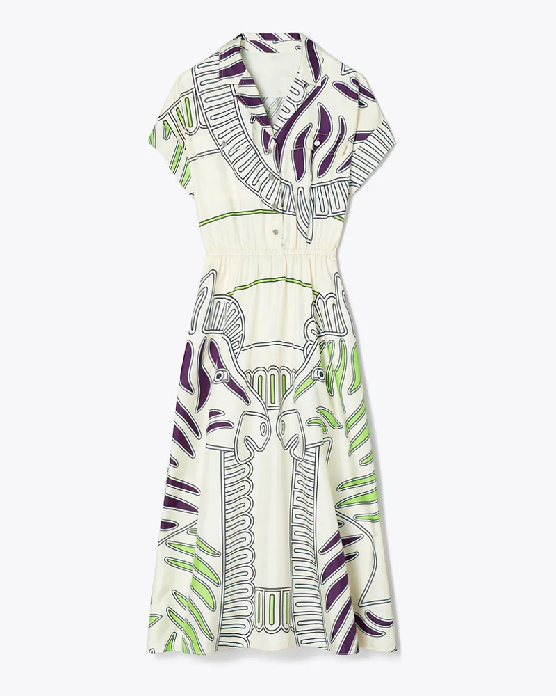 Tory Burch Damen Bedrucktes Hemdkleid aus Seidentwill Ivory
