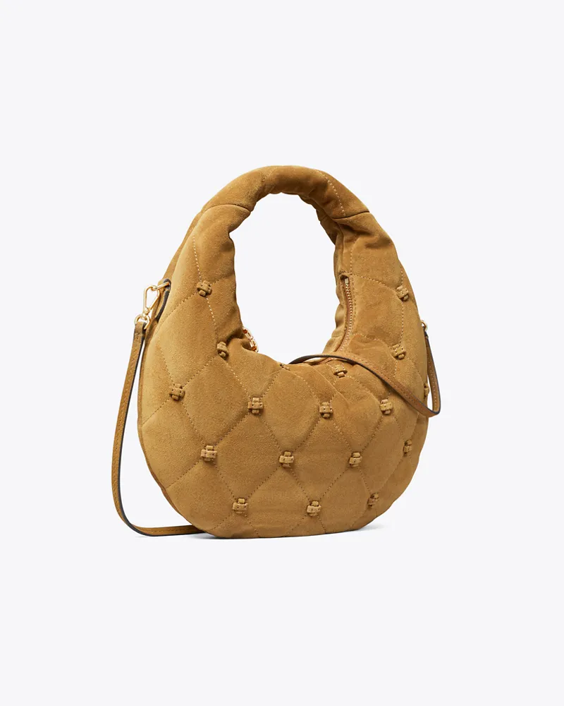 Tory Burch Bunny Knot Crescent Bag aus Wildleder Toffee