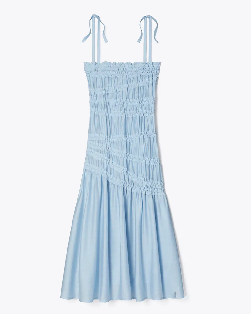 Tory Burch Damen Gesmoktes Kleid aus Viskose mit gebundenen Trägern Light