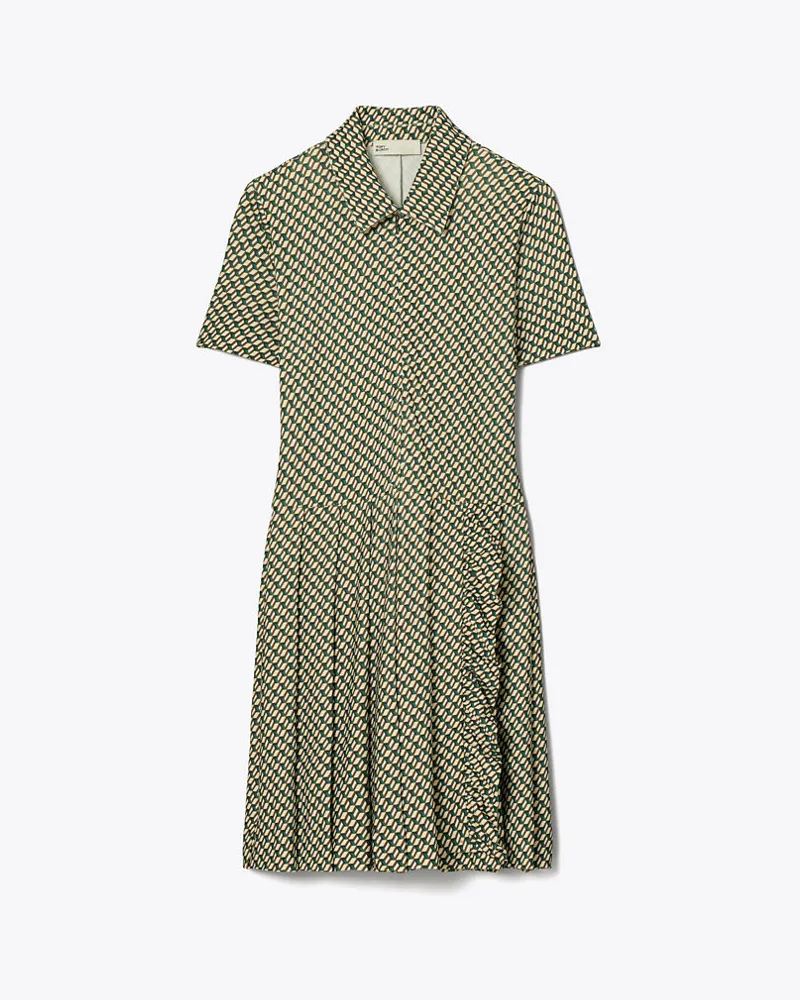 Tory Burch Printed Pleated Zip-Front Golf Dress Mocha