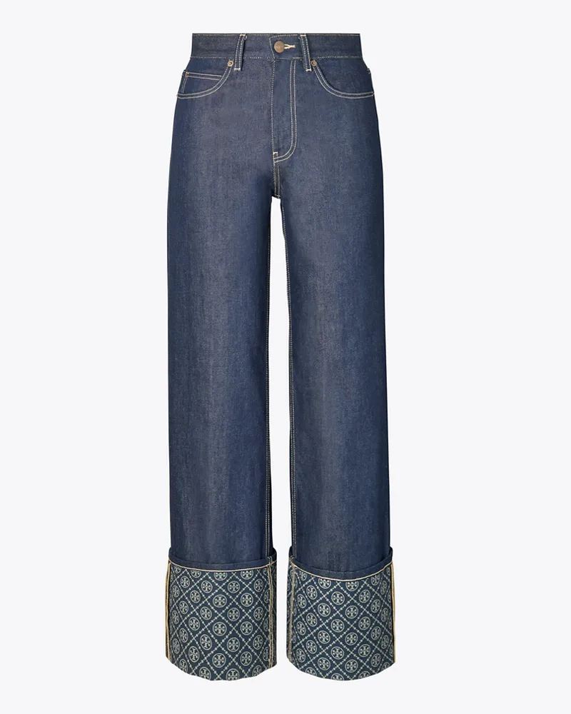 Tory Burch Damen Contrast Cuff Straight Leg Jean Raw