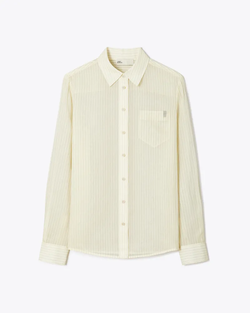 Tory Burch Damen Gestreiftes Baumwollhemd Cream