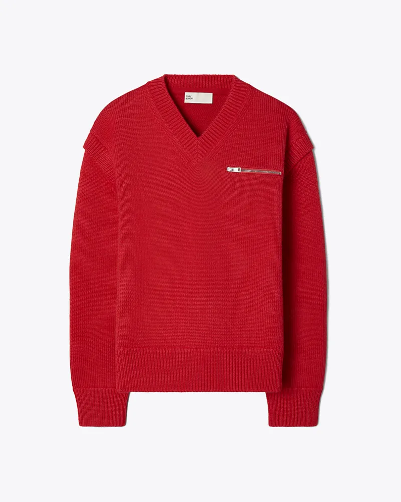 Tory Burch Damen Wollpullover mit V-Ausschnitt Red