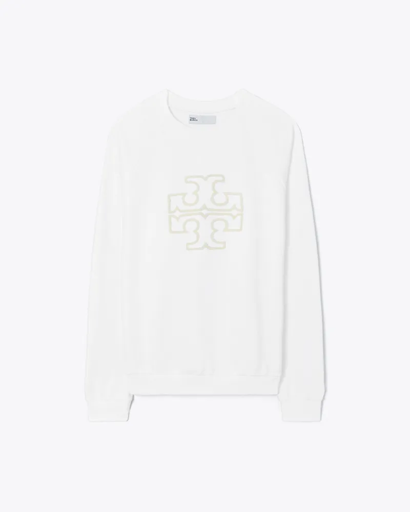 Tory Burch Damen Rundhalstop aus Merinofrottee mit Raglanärmeln und Logo in Weiß Snow