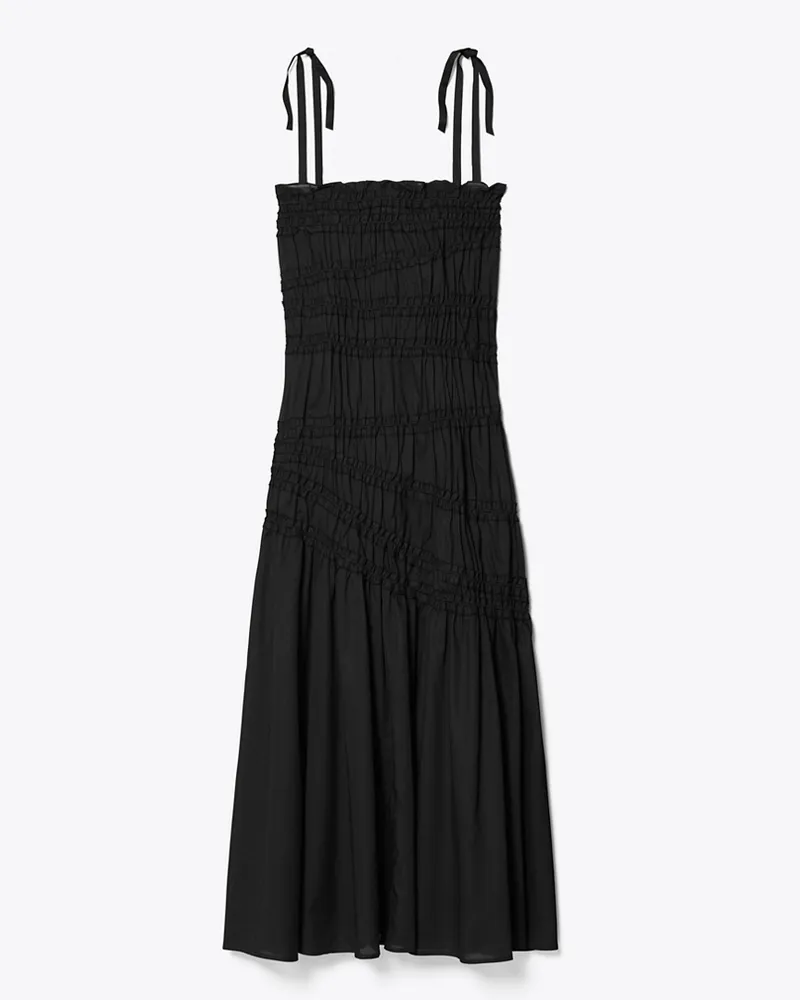 Tory Burch Damen Gesmoktes Baumwollkleid mit gebundenen Trägern Black