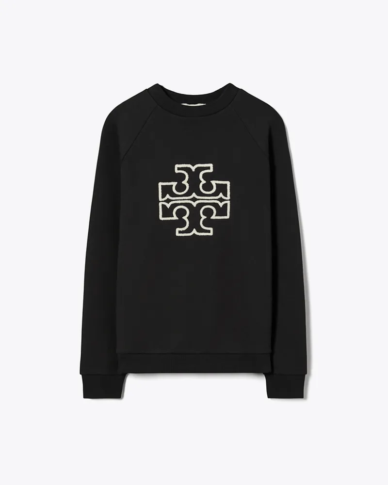 Tory Burch Damen Rundhalstop aus Merinofrottee mit Raglanärmeln und Logo Black