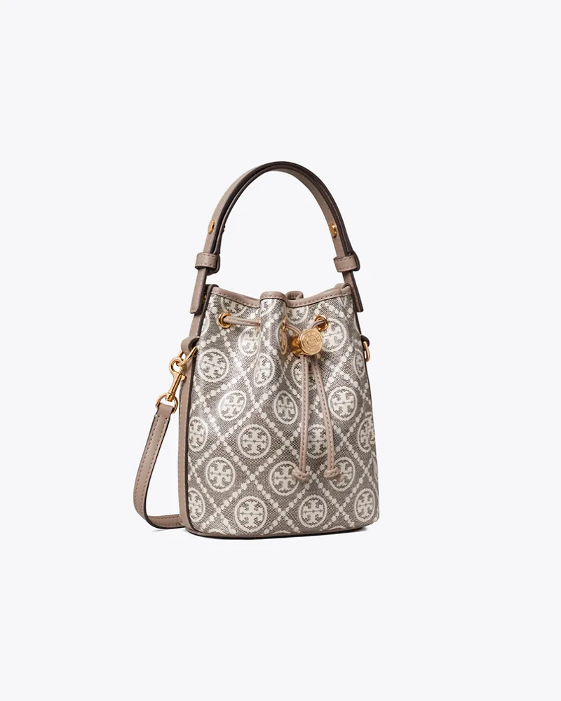 Tory Burch Damen T Monogram Coated Jacquard Mini Bucket Bag Charcoal