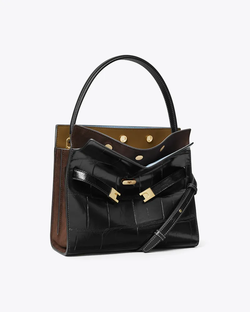 Tory Burch Damen Kleine Lee Radziwill Double Bag mit Krokoprägung Black